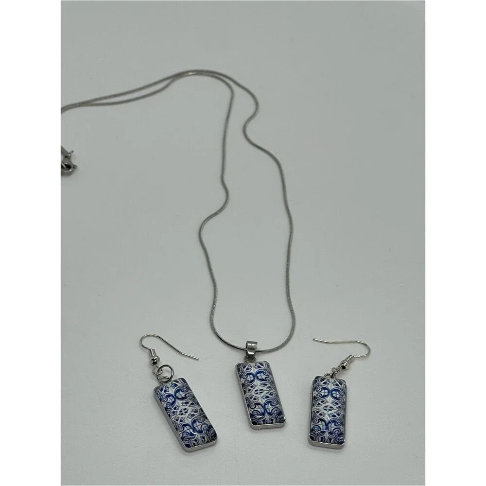 Hand Crafted Blue White Glass Rectangle Pendant Necklace Earrings Set NWT